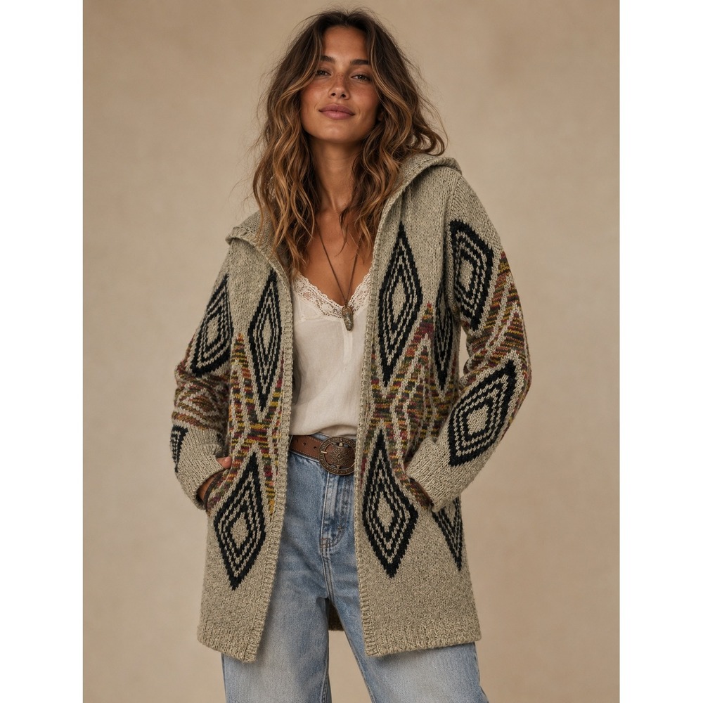 Woven Heart Hooded Aztec Cardigan Sz M Oatmeal Geometric Southwestern Open Front